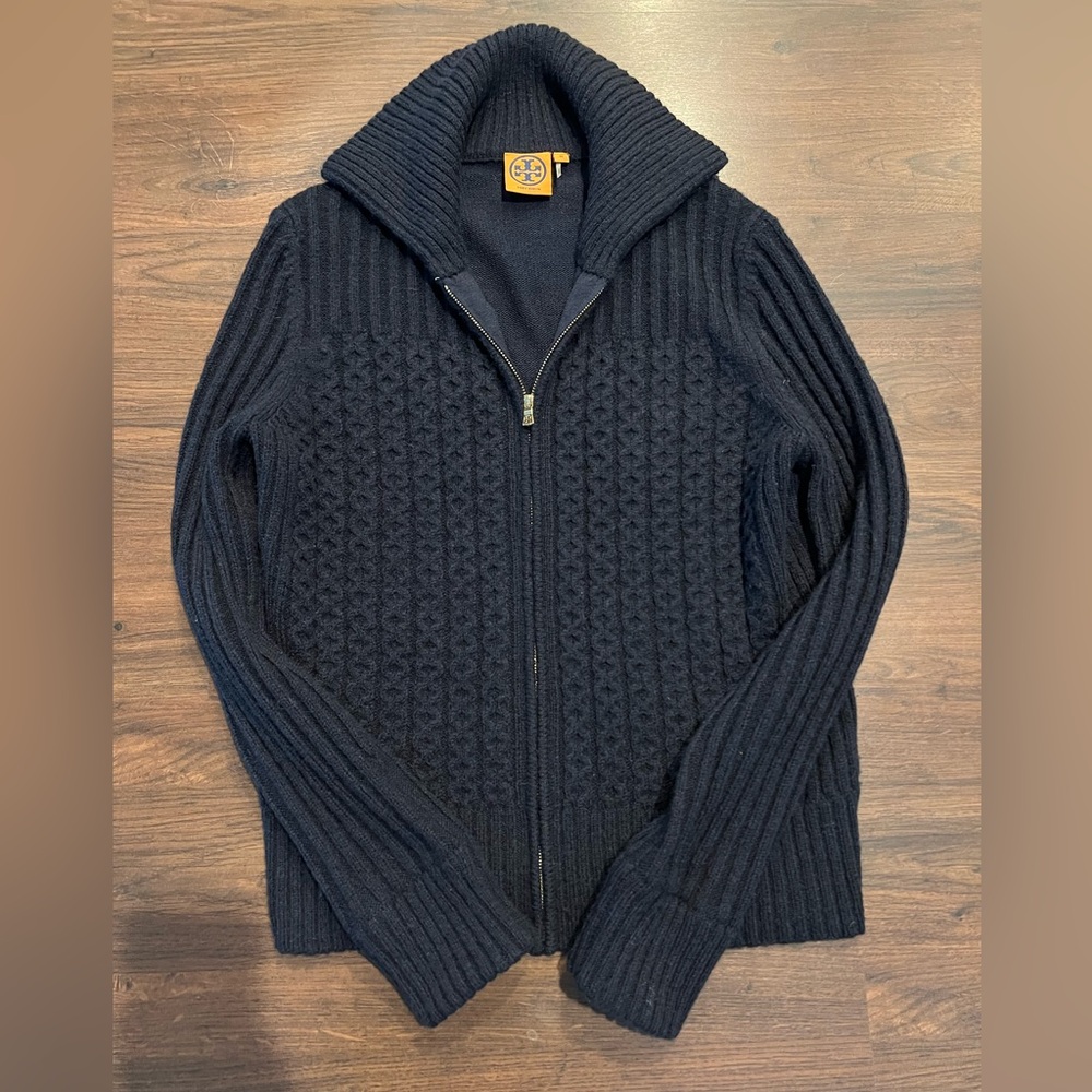 Tory Burch Navy Blue Full Zippered Wool/Camel Hair Sweater